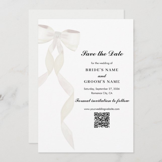 Formal White Bow Ribbon Elegant Wedding Save The Date (Front/Back)