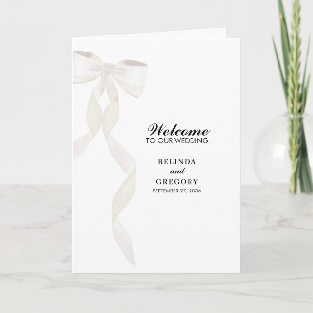 Formal White Bow Ribbon Wedding Order of Service Programme (Front)