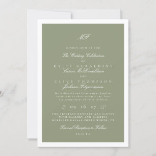 Formal White Framed Sage Classic Monogram Wedding Invitation