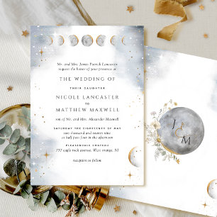 Formal White, Gold and Silver Celestial Wedding Invitation
