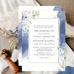 Formal White, Navy Blue Floral Watercolor Wedding Invitation