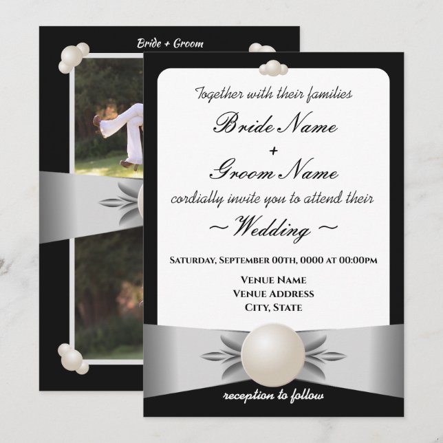 Formal White Ribbon Pearl Photo Wedding Invitation (Front/Back)