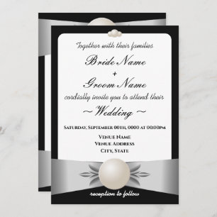 Formal White Ribbon Pearl Wedding & Reception Invitation