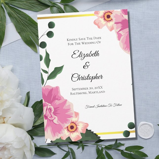 Formal Wording Pink and Green Floral Save The Date (Creator Uploaded)