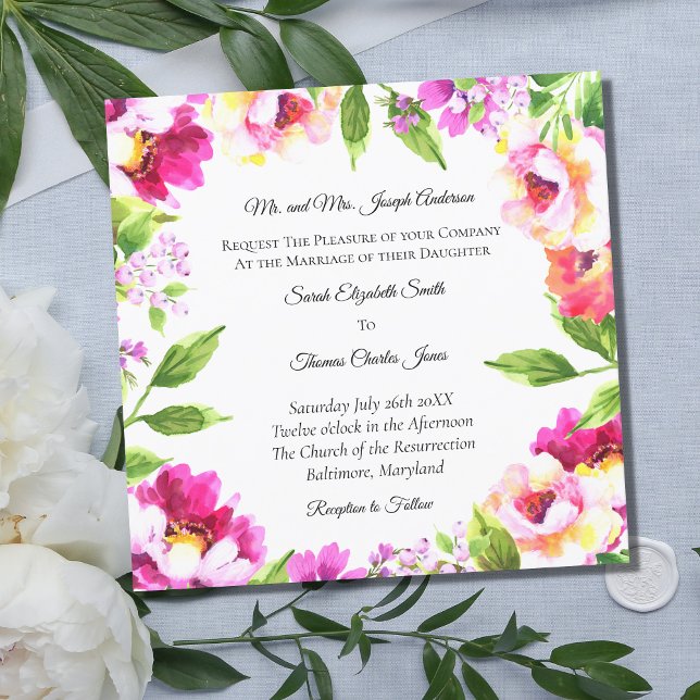Formal Wording Pink and Green Floral Wedding Invit Invitation (Creator Uploaded)