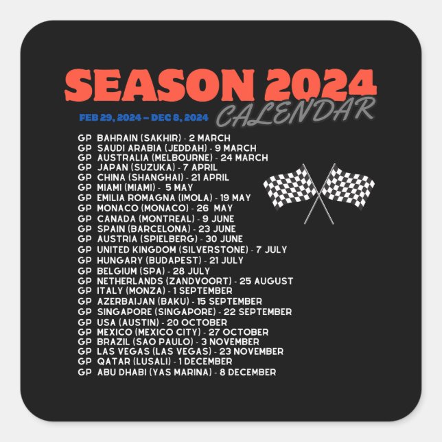 Formula 1, season 2024, gand prix calendar square sticker (Front)