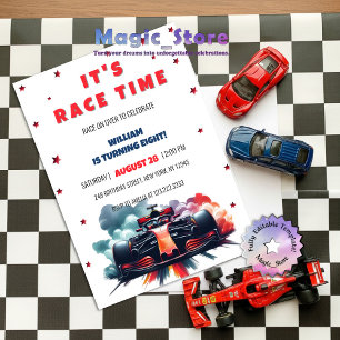 Formula Race Car Red Smoke Stars F1 Birthday Invitation
