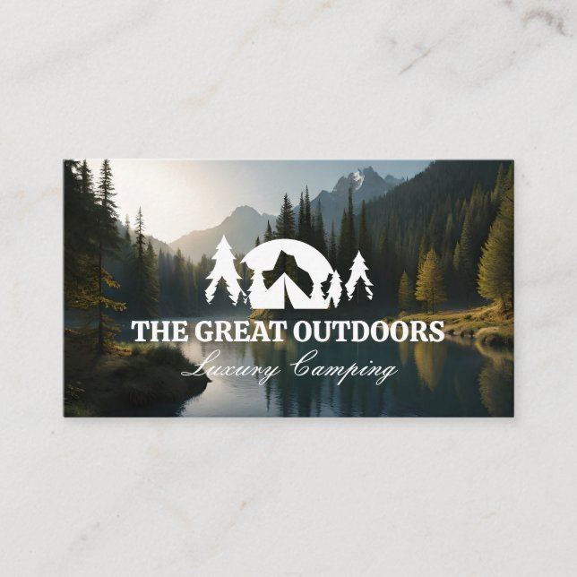 Forrest Lake and Mountains | Camping Logo Business Card (Front)