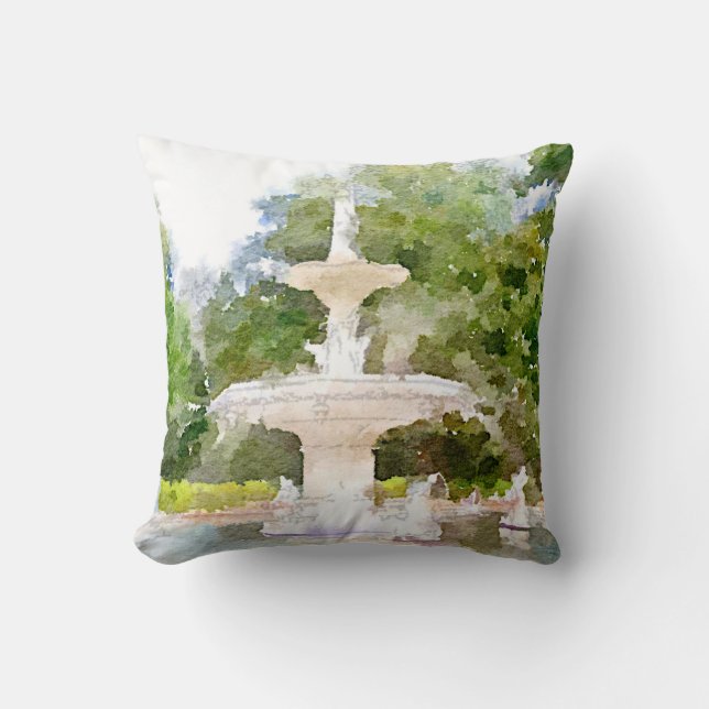 Forsyth Fountain in Savannah GA Watercolor Print Cushion (Front)