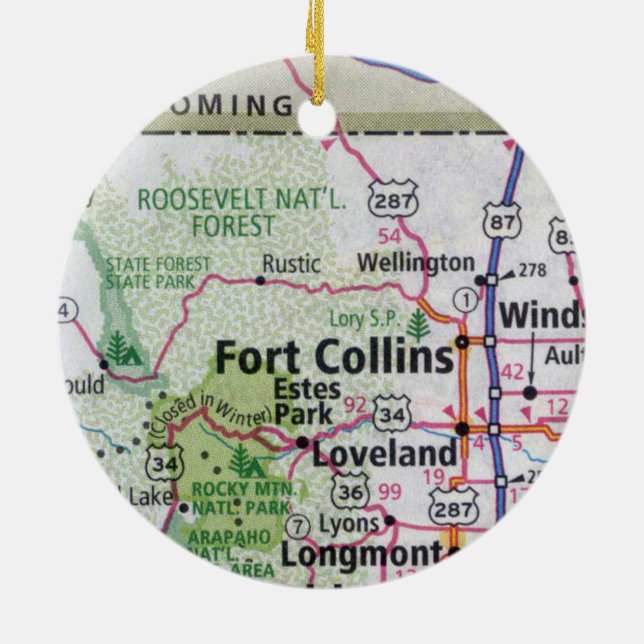 Fort Collins and Estes Park Map Ceramic Tree Decoration (Back)