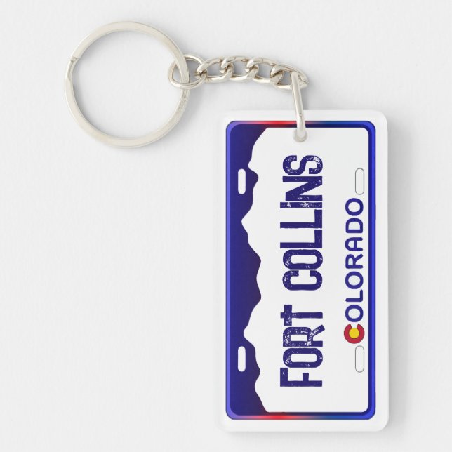 Fort Collins Colorado blue license plate keychain (Front)