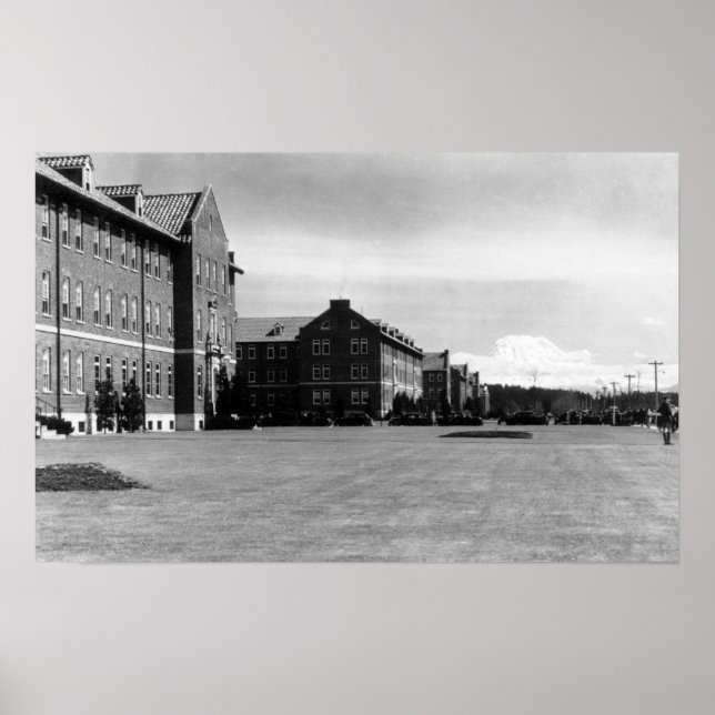 Fort Lewis, WA View of Barracks and Mt. Rainier Poster (Front)