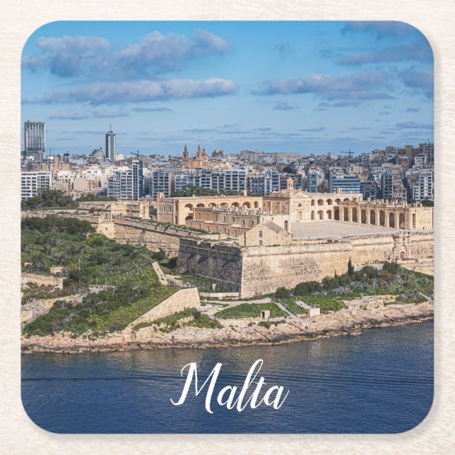 Fort Manoel and Sliema from Valletta, Malta Square Paper Coaster (Front)