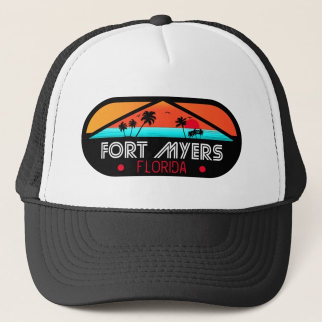 Fort Myers Beach Retro - Florida Retro Sunset Trucker Hat (Front)