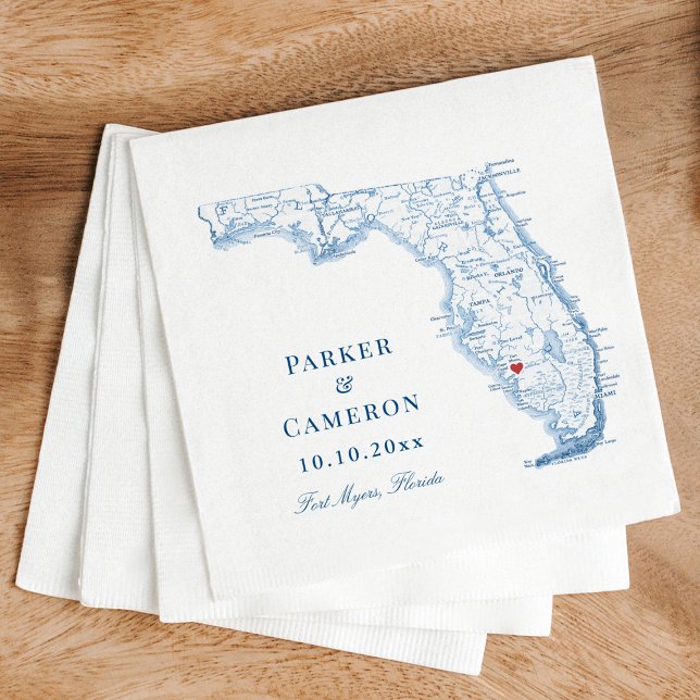 Fort Myers Florida Map Elegant Navy Blue Wedding  Napkin (Fort Myers FL Map Wedding Napkins in elegant navy blue from Coastal Map Designs)