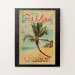 Fort Myers Florida Palm Tree Beach Vintage Travel Jigsaw Puzzle<br><div class="desc">Fort Myers Florida design in Vintage Travel style featuring a palm tree on the beach with ocean and sky.</div>