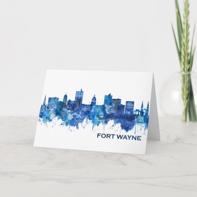Fort Wayne Indiana Skyline Blue Holiday Card (Front)