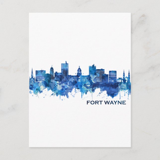 Fort Wayne Indiana Skyline Blue Holiday Postcard (Front)