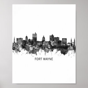 Fort Wayne Indiana Skyline BW Poster