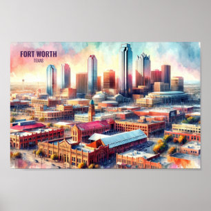 Fort Worth Texas Famous Travel Places watercolor Poster