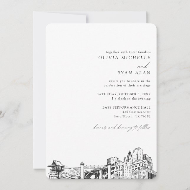 Fort Worth Wedding Skyline Sketch Invitation (Front)