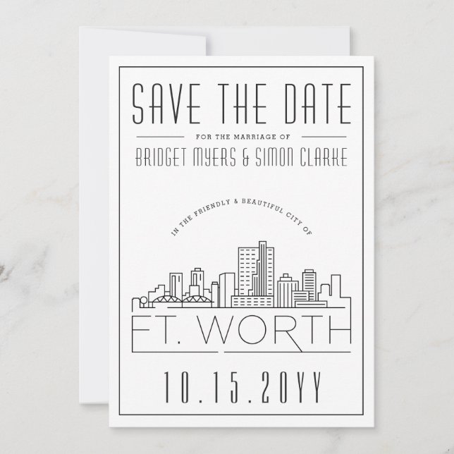 Fort Worth Wedding Stylised Skyline Save the Date Invitation (Front)