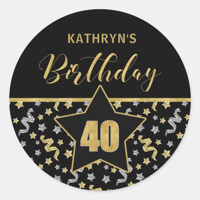 Fortieth Birthday Black and Gold Confetti Classic Round Sticker (Front)