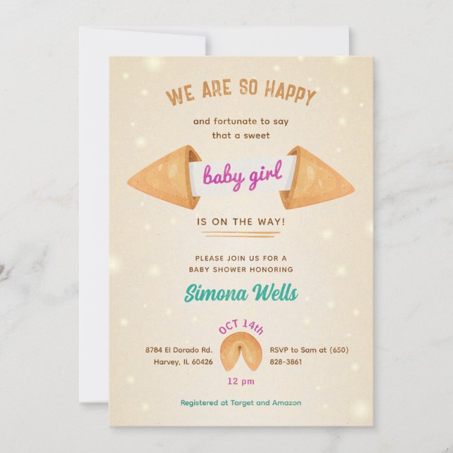 Fortune Cookie It's Baby Girl Cute Shower Sprinkle Invitation (Front)