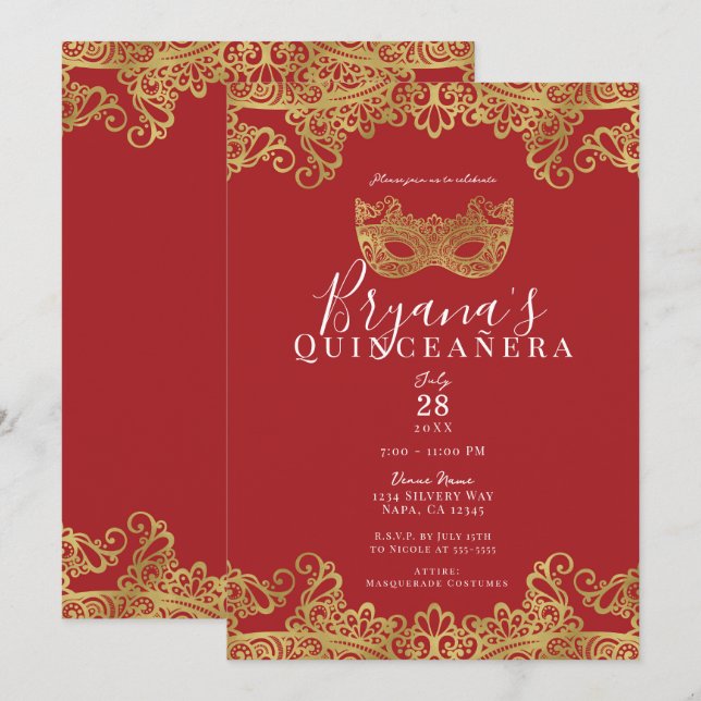 Fortune Red Gold Lace Masquerade 15 Quinceañera   Invitation (Front/Back)