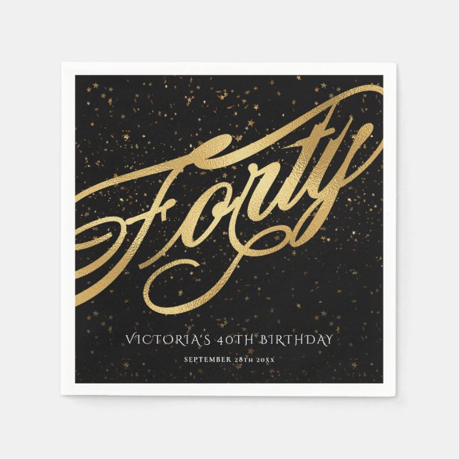 Forty 40th Birthday Confetti Gold Black Stylish Napkin (Front)