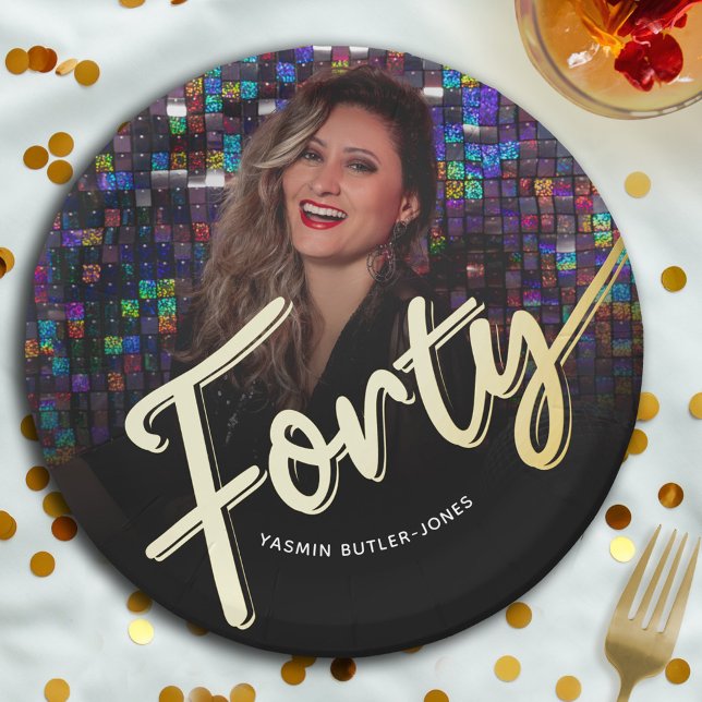 Forty 40th Birthday custom photo script gold Paper Plate (Creator Uploaded)