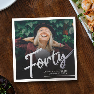 Forty 40th Birthday custom photo script silver Napkin