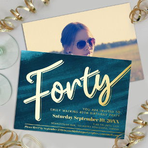 Forty 40th Birthday party aqua art gold script