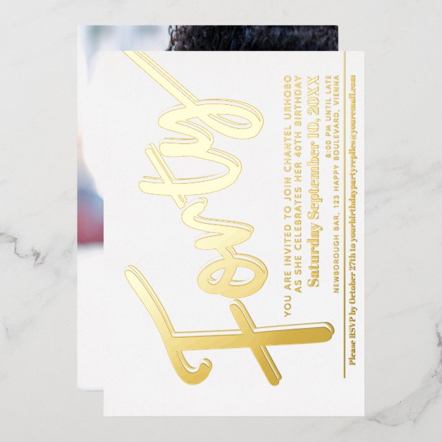 Forty 40th Birthday party white with gold script (Front/Back)