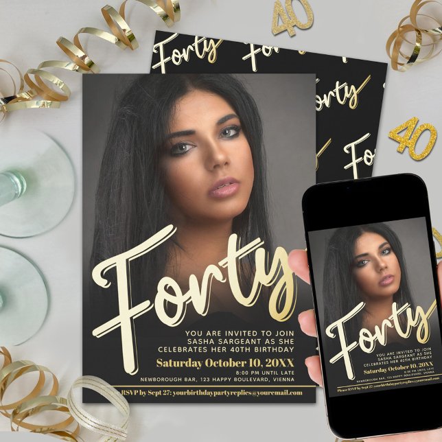 Forty 40th Birthday photo script flat gold colour Invitation (Creator Uploaded)