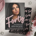Forty 40th Birthday photo script glitter rose pink Invitation<br><div class="desc">Forty bold glitter style effect script text in rose pink and sliver hues on black. Personalise this 40th birthday party script photo birthday invitation with your own birthday party event details, and a photos of your birthday girl. Other years and matching items are available. © Original design by Sarah Trett...</div>