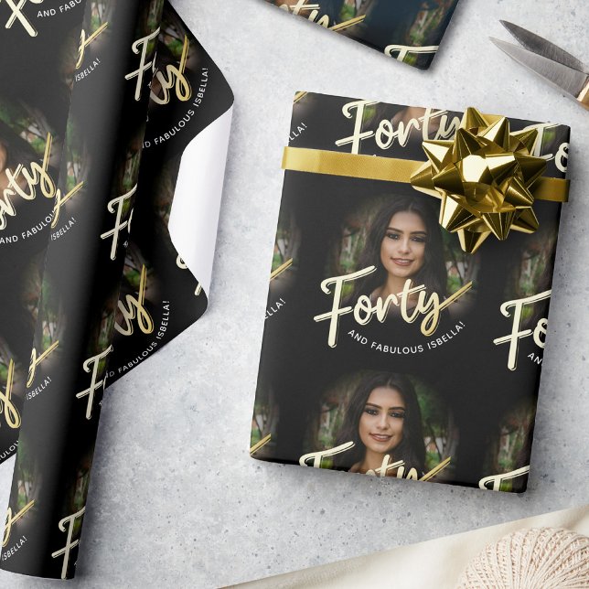 Forty 40th Birthday photo script gold custom Wrapping Paper (Creator Uploaded)