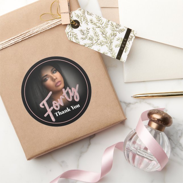 Forty 40th Birthday photo script rose pink favour  Classic Round Sticker (Gifting)