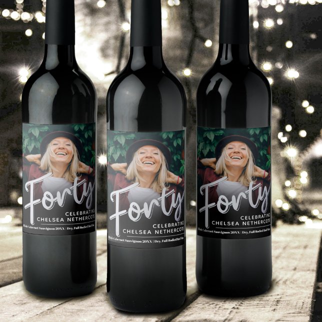 Forty 40th Birthday photo script silver black Wine Label (Creator Uploaded)