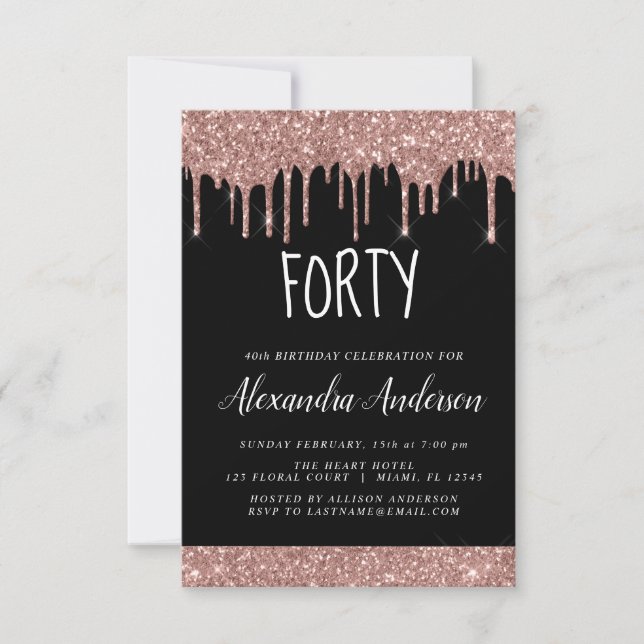 Forty - 40th Rose Gold Black Glitter Birthday Invitation (Front)