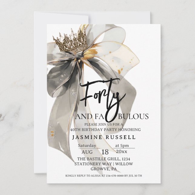 Forty and Fabulous Bow Birthday Party For Woman Invitation (Front)