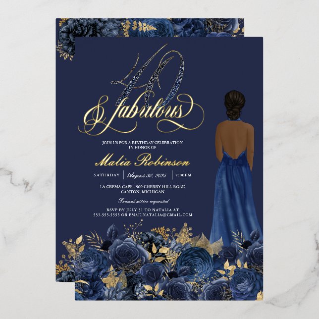 Forty and Fabulous Elegant Blue & Gold Birthday (Front/Back)