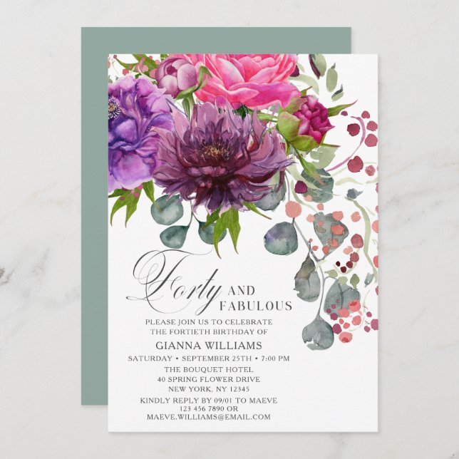 Forty and Fabulous Elegant Floral 40th Birthday Invitation (Front/Back)