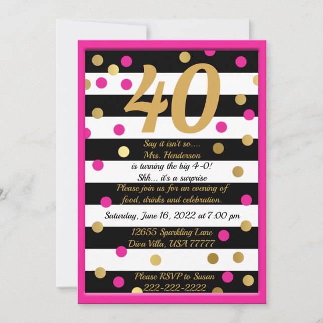 Forty and Fabulous Hot Pink Black White Gold Bday Invitation (Front)