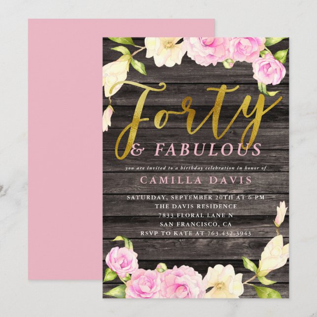 Forty and Fabulous Pink Floral Birthday Party Invitation (Front/Back)