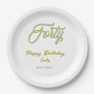 forty birthday name date blue green pastel trendy  paper plate