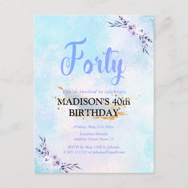 Forty Birthday Party Watercolor Pastel Postcard (Front)