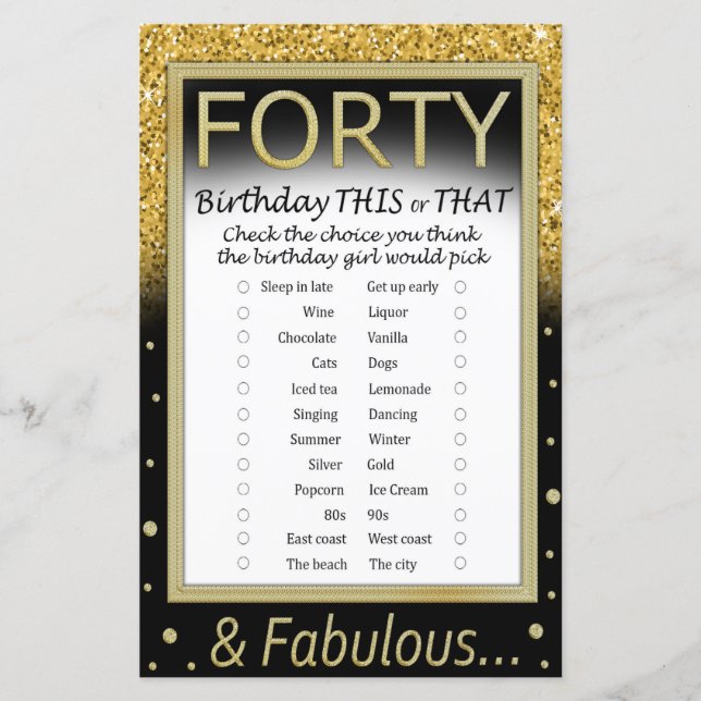Forty Birthday This or That Game (Front)