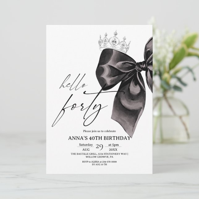 Forty Black Bow 40th Birthday Invitation (Standing Front)