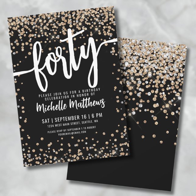 Forty Black Gold 40th Birthday Invitation (Forty Black Gold Glitter 40th Birthday Invitation)